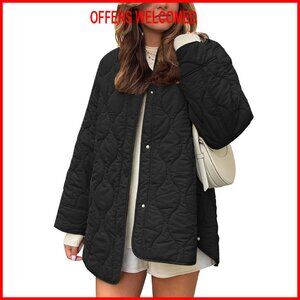 Oversized Quilted Puffer Jacket Lightweight Snap Button Pockets